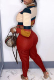 Red Sexy Striped Print Patchwork Frenulum V Neck Long Sleeve Two Pieces