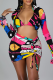 Pink Sexy Print Patchwork Halter Long Sleeve Two Pieces
