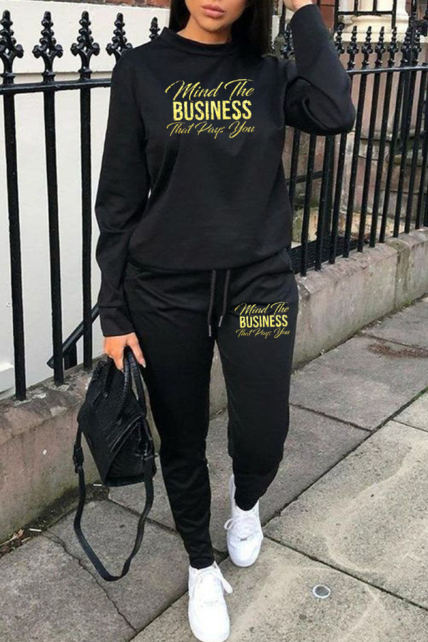 Black Casual Print Patchwork O Neck Long Sleeve Two Pieces