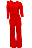 Red Casual Solid Patchwork V Neck Boot Cut Jumpsuits