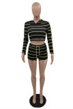 Black Fashion Casual Striped Print Basic Hooded Collar Long Sleeve Two Pieces