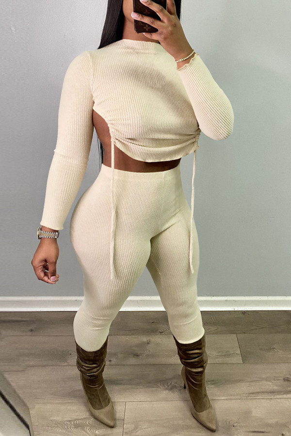 Apricot Sexy Solid Patchwork Draw String Backless O Neck Long Sleeve Two Pieces