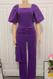 Purple Casual Solid Make Old Square Collar Straight Jumpsuits