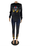 Black Fashion Casual Skull Printing O Neck Long Sleeve Two Pieces
