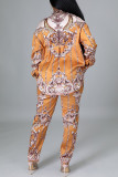 Yellow Casual Print Patchwork Buckle Turndown Collar Long Sleeve Two Pieces