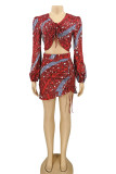 Red Casual Print Patchwork Draw String Flounce Fold Asymmetrical V Neck Long Sleeve Two Pieces