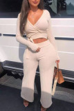 Cream White Casual Solid Patchwork Frenulum V Neck Long Sleeve Two Pieces