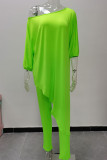 Fluorescent Green Casual Solid Patchwork Asymmetrical Off the Shoulder Three Quarter Two Pieces