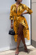Yellow Fashion Sexy Print Slit Turndown Collar Shirt Dress