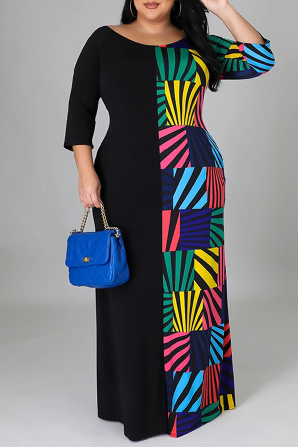 Black Fashion Casual Plus Size Print Patchwork O Neck Long Sleeve Dresses