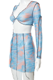 Blue Sexy Print Patchwork V Neck Long Sleeve Two Pieces