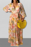 Yellow Sweet Print Patchwork V Neck Straight Dresses