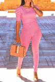 Pink Casual Solid Patchwork U Neck Short Sleeve Two Pieces