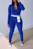Blue Sexy Solid Patchwork Zipper Collar Long Sleeve Two Pieces