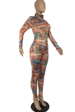 Orange Sexy Print Patchwork Hooded Collar Long Sleeve Two Pieces