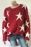 Red Casual Print The stars Ripped Patchwork O Neck Tops