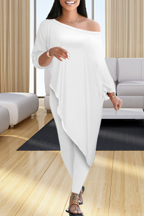 White Casual Solid Patchwork Asymmetrical Off the Shoulder Three Quarter Two Pieces