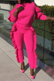 Rose Red Casual Solid Flounce O Neck Long Sleeve Two Pieces