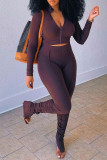 Coffee Casual Solid Patchwork Fold Zipper Zipper Collar Long Sleeve Two Pieces