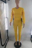 Yellow Casual Solid Draw String O Neck Long Sleeve Two Pieces