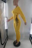 Yellow Casual Solid Draw String O Neck Long Sleeve Two Pieces