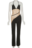 Black Sexy Solid Mesh Halter Boot Cut Jumpsuits