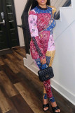 Multicolor Sexy Print Hollowed Out Patchwork Frenulum O Neck Skinny Jumpsuits