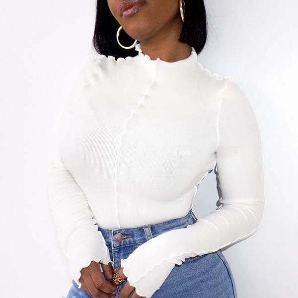 White Fashion Casual Solid Patchwork Half A Turtleneck Tops