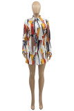 Multicolor Fashion Casual Print Cardigan Turndown Collar Long Sleeve Two Pieces