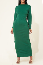 Green Casual Solid Split Joint Fold V Neck One Step Skirt Dresses