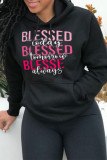 Black Fashion Casual Letter Print Basic Hooded Collar Tops
