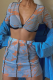 Blue Sexy Print Patchwork V Neck Long Sleeve Two Pieces