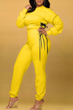 Yellow Casual Solid Draw String O Neck Long Sleeve Two Pieces
