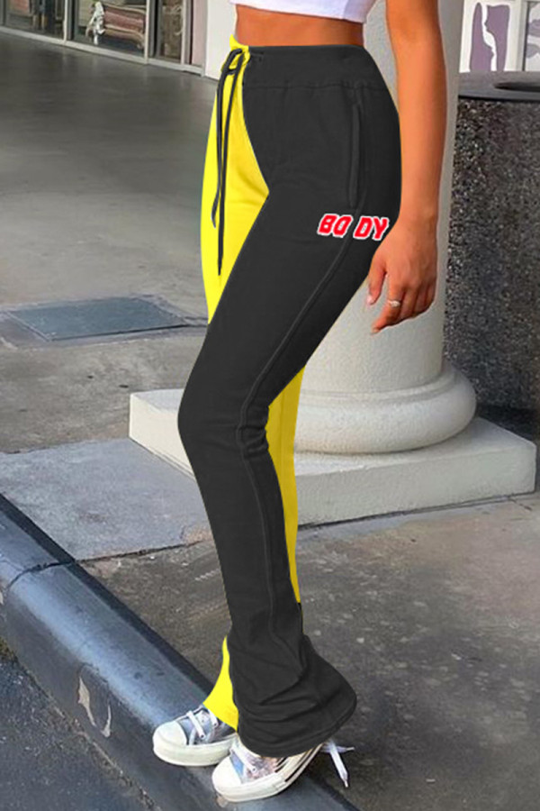 Yellow Black Fashion Casual Print Patchwork Regular High Waist Conventional Patchwork Bottoms