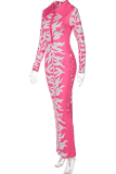 Rose Red Sexy Print Patchwork Turndown Collar Pencil Skirt Dresses