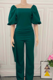 Dark Blue Casual Solid Make Old Square Collar Straight Jumpsuits