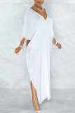 White Casual Solid Split Joint Slit V Neck Straight Dresses