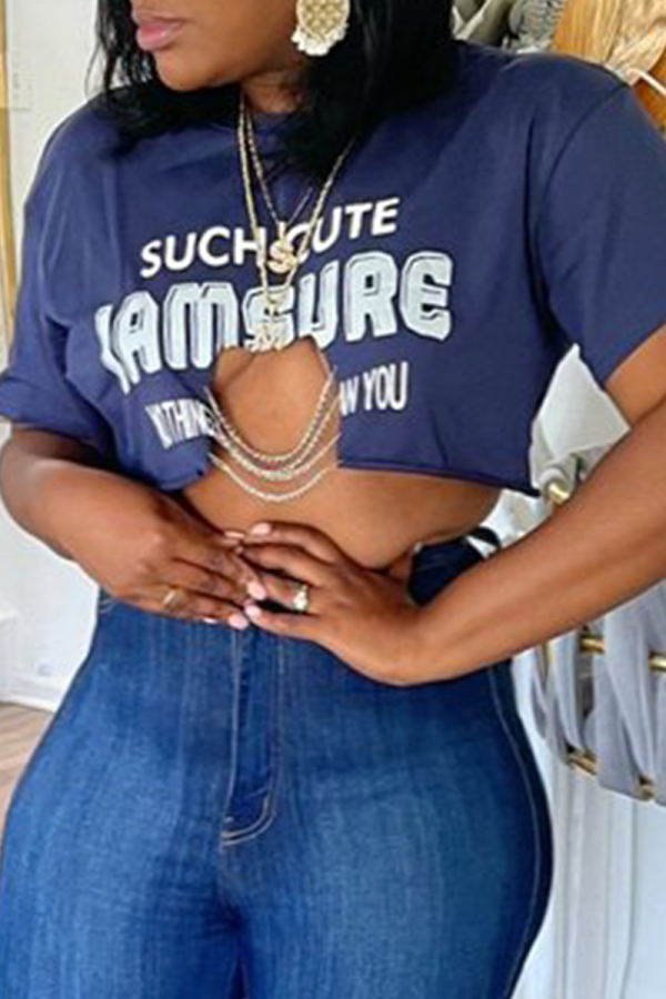 Blue Sexy Print Hollowed Out O Neck T-Shirts