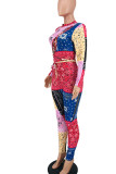 Multicolor Sexy Print Hollowed Out Patchwork Frenulum O Neck Skinny Jumpsuits