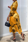 Yellow Fashion Sexy Print Slit Turndown Collar Shirt Dress