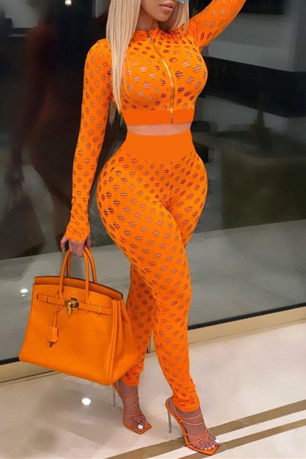 Orange Fashion Sexy Solid Hollowed Out See-through Zipper Collar Long Sleeve Two Pieces