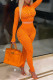 Orange Fashion Sexy Solid Hollowed Out See-through Zipper Collar Long Sleeve Two Pieces