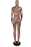 Orange Sexy Print Patchwork Hooded Collar Long Sleeve Two Pieces