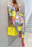 Yellow Fashion Casual Print Cardigan Pants Turndown Collar Long Sleeve Two Pieces