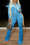 Sky Blue Fashion Casual Letter Embroidery Solid Color Zipper Collar Long Sleeve Two Pieces