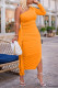 Tangerine Red Sexy Solid Patchwork Flounce Fold Oblique Collar Pencil Skirt Dresses