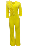 Red Casual Solid Patchwork V Neck Boot Cut Jumpsuits