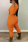 Tangerine Red Sexy Solid Patchwork Draw String Backless O Neck Long Sleeve Two Pieces