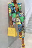 Turquoise Fashion Casual Print Cardigan Pants Turndown Collar Long Sleeve Two Pieces