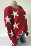 Red Casual Print The stars Ripped Patchwork O Neck Tops